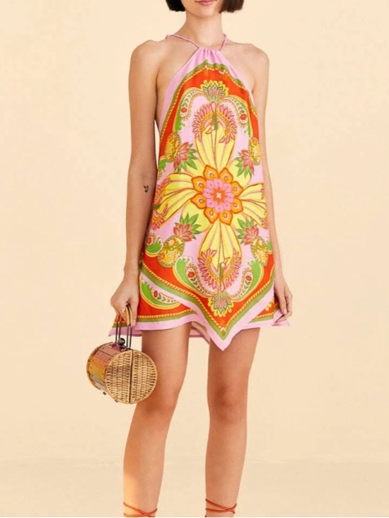 FARM Rio Dresses & Skirts - FARM Rio Pink & Yellow Halter Scarf Mini Dress